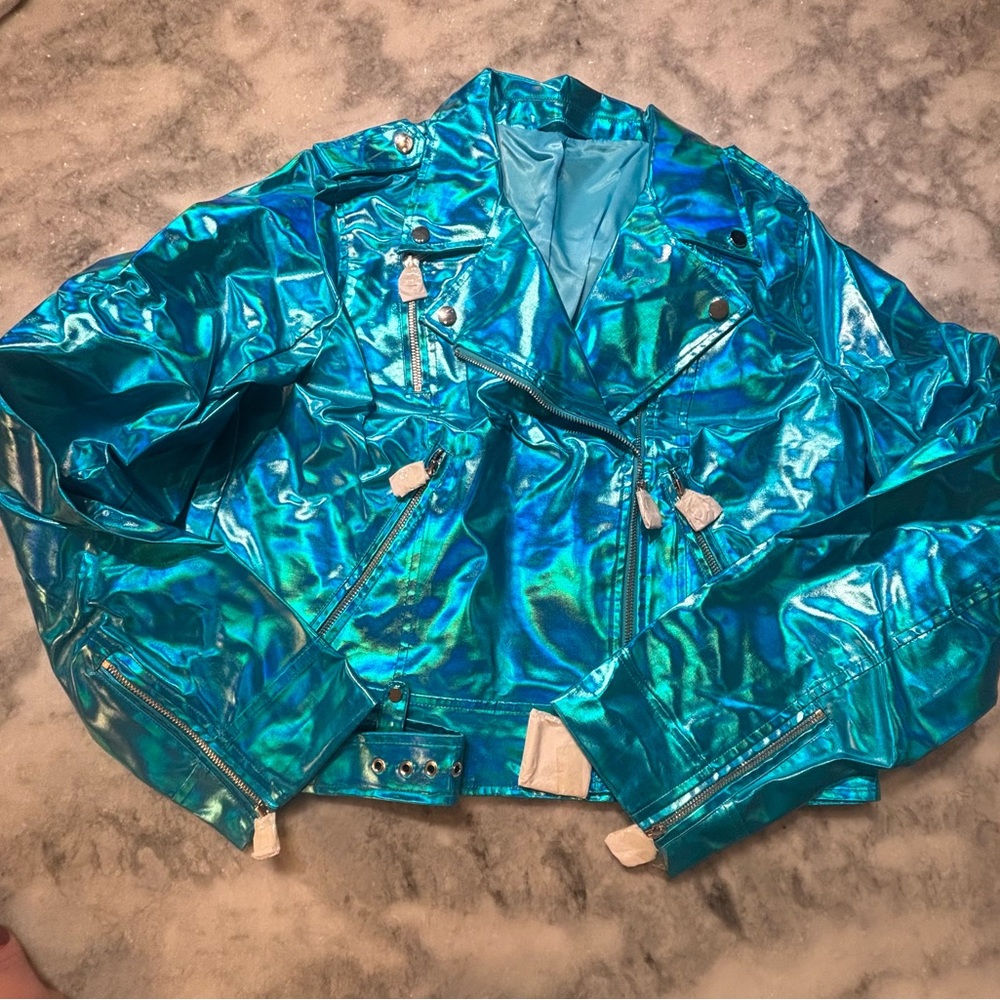 blue metallic moto jacket 💘